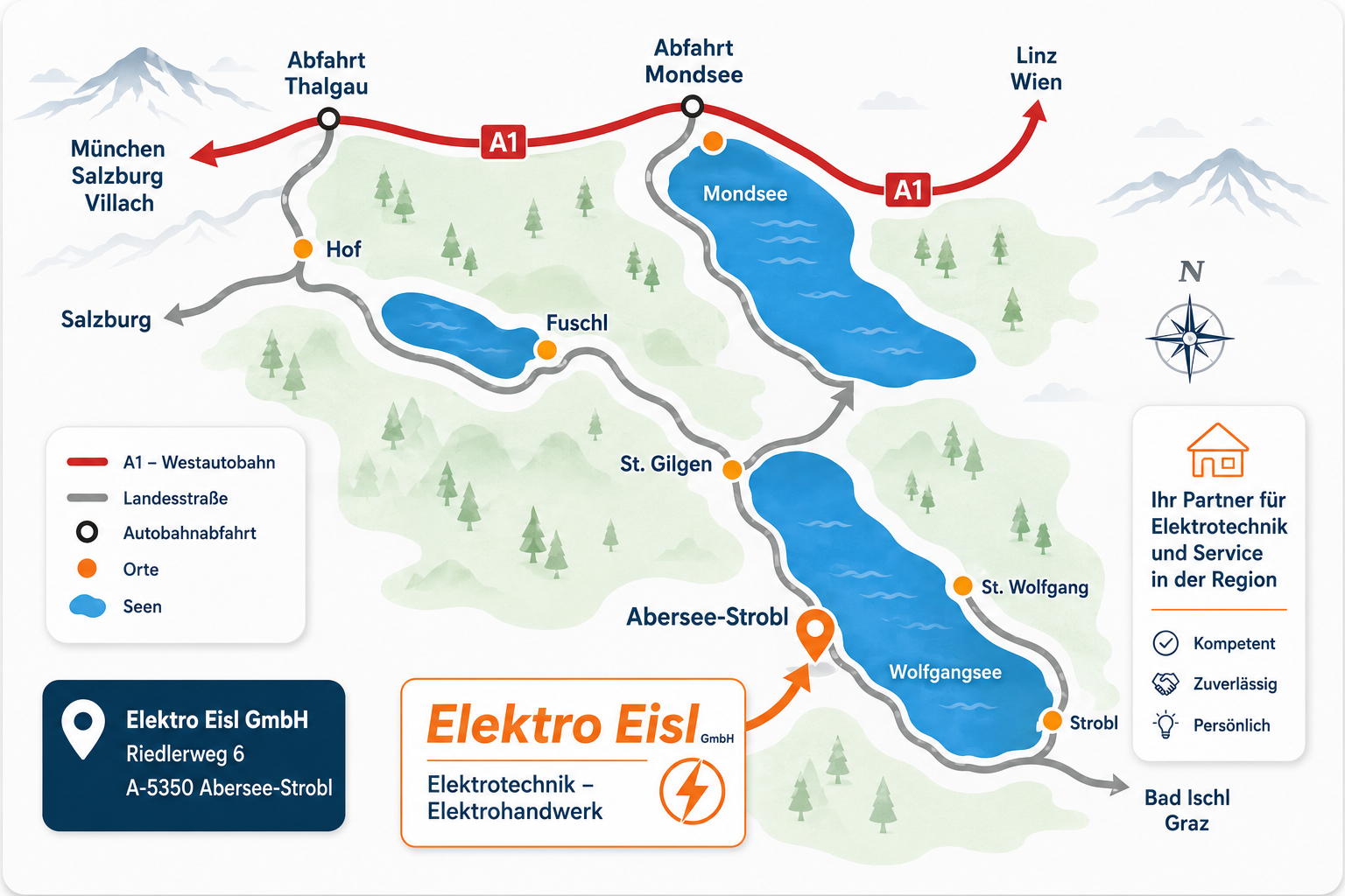 Anfahrtskarte zu Elektro Eisl in Abersee-Strobl am Wolfgangsee — A1 Abfahrt Mondsee oder Thalgau, Landesstraße über St. Gilgen